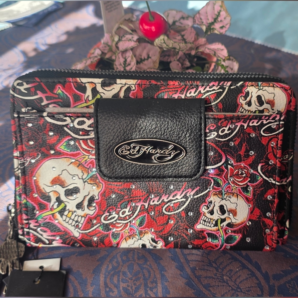 Ed Hardy Skull Print Black and Red Wallet